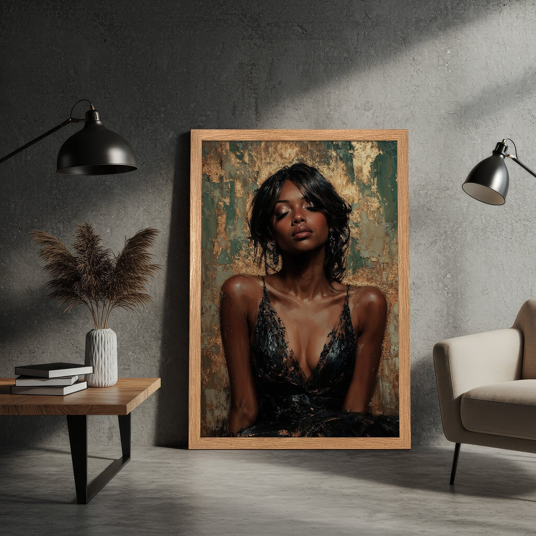 Framed Poster featuring a woman in a black dress, artistic style with gold and green accents. Elevate your space with this stunning artwork.