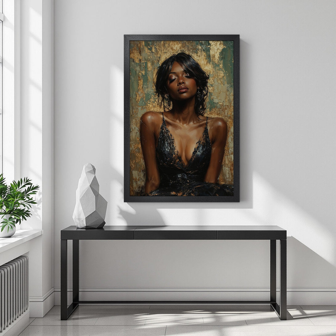 Framed Poster featuring a woman in a black dress, with gold and green accents. Elegant artwork, perfect for home decor.