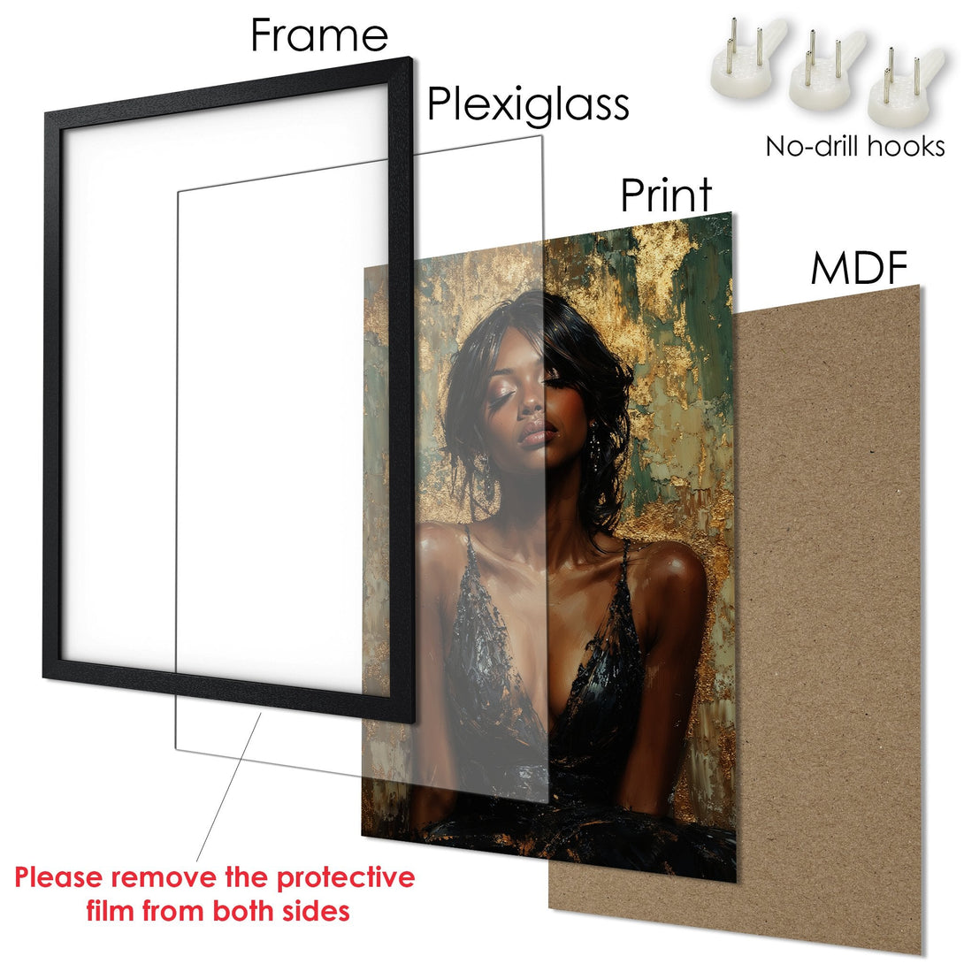Framed Poster featuring a woman in a black dress, with a gold and green background. Elegant art print with a dark, warm color palette.