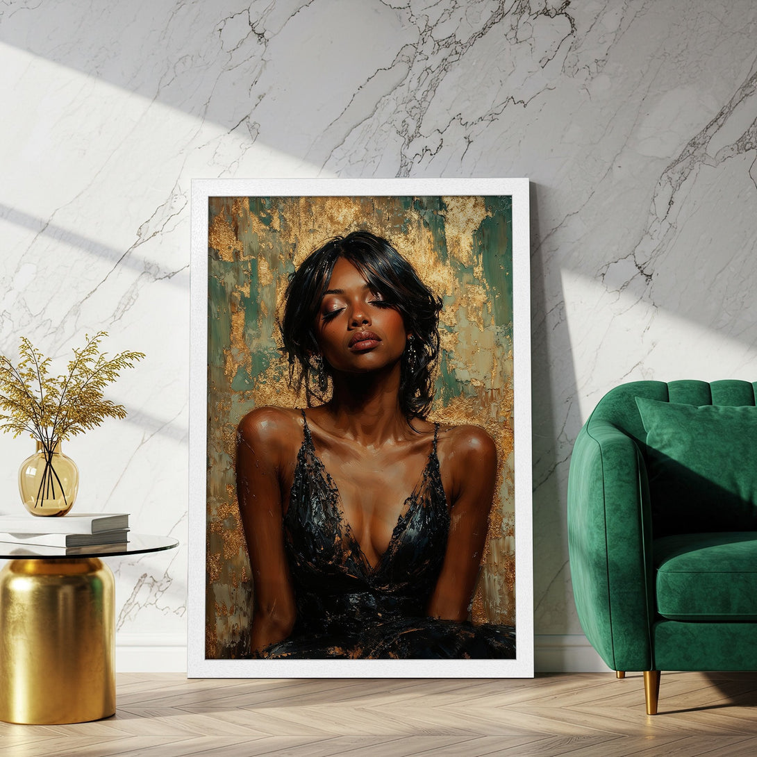 Framed Poster of a beautiful woman in a black dress, oil painting style, gold, green & black color palette. Elevate your space with art!