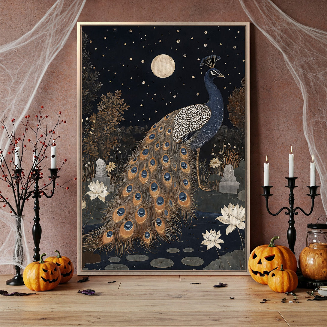 Framed Wall Art featuring a peacock illustration in a dark, moody style with gold and blue tones. Perfect for Halloween decor!