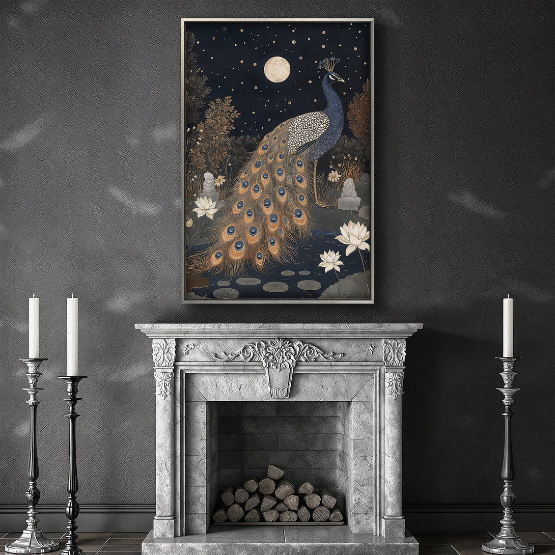 Framed Wall Art: Peacock print in a dark, moody style with a blue and gold color palette. Perfect for adding elegance to your home decor.