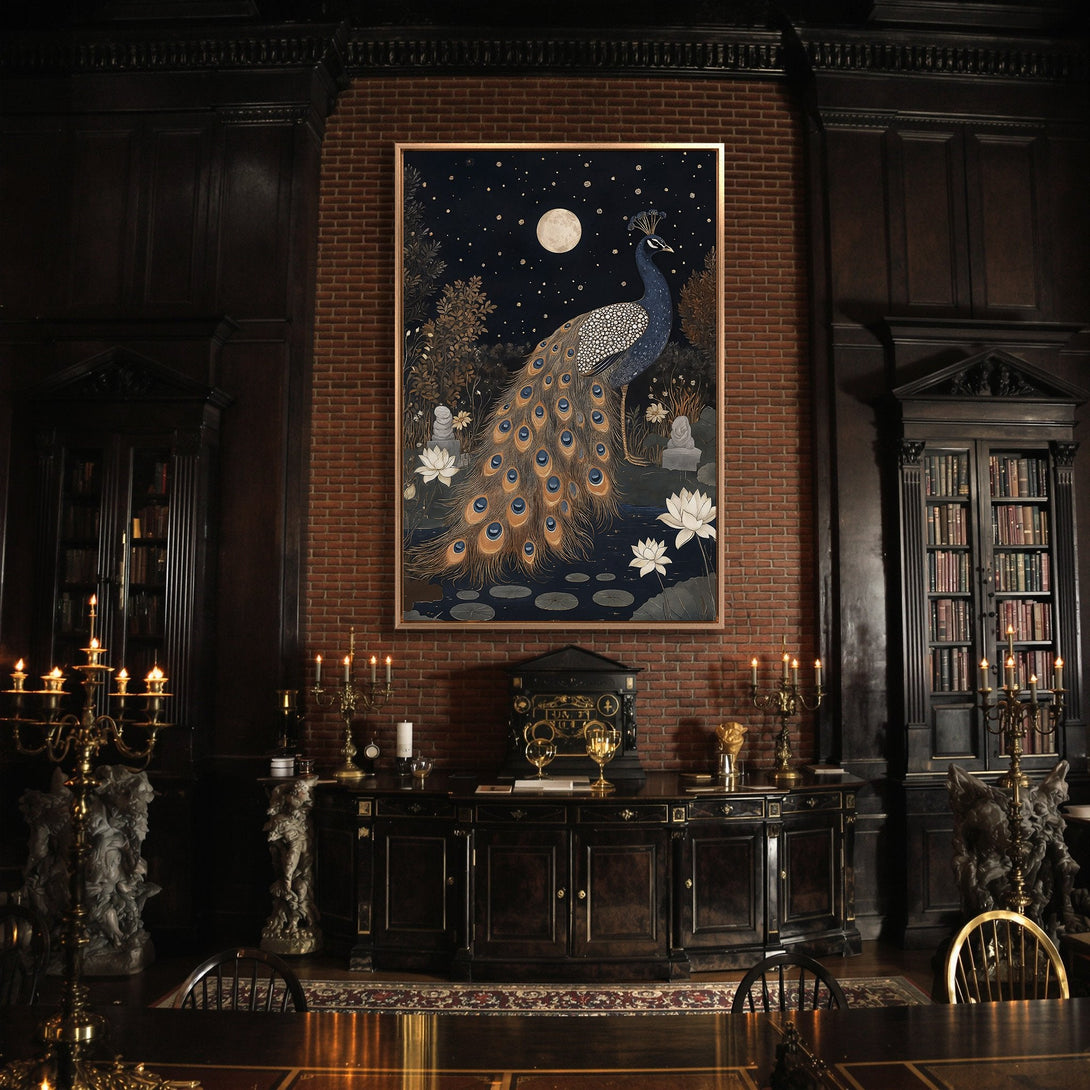 Framed Wall Art: Stunning peacock canvas print in a dark, elegant interior. Features a rich blue, gold, and dark color palette with a sophisticated, artistic style.