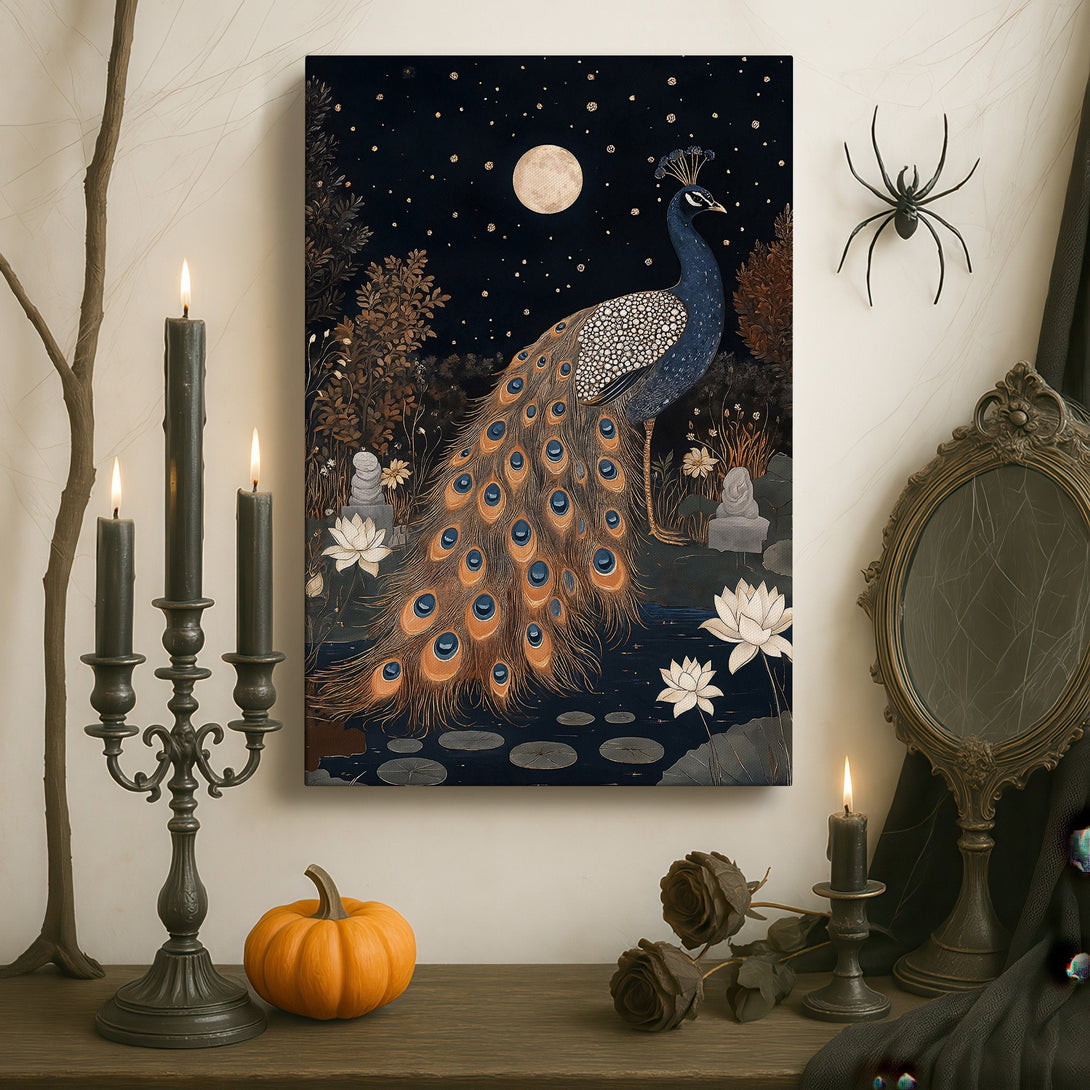 Framed Wall Art: Peacock painting in a dark, elegant interior. Features a peacock against a night sky with a gold, blue, and earth-toned color palette.