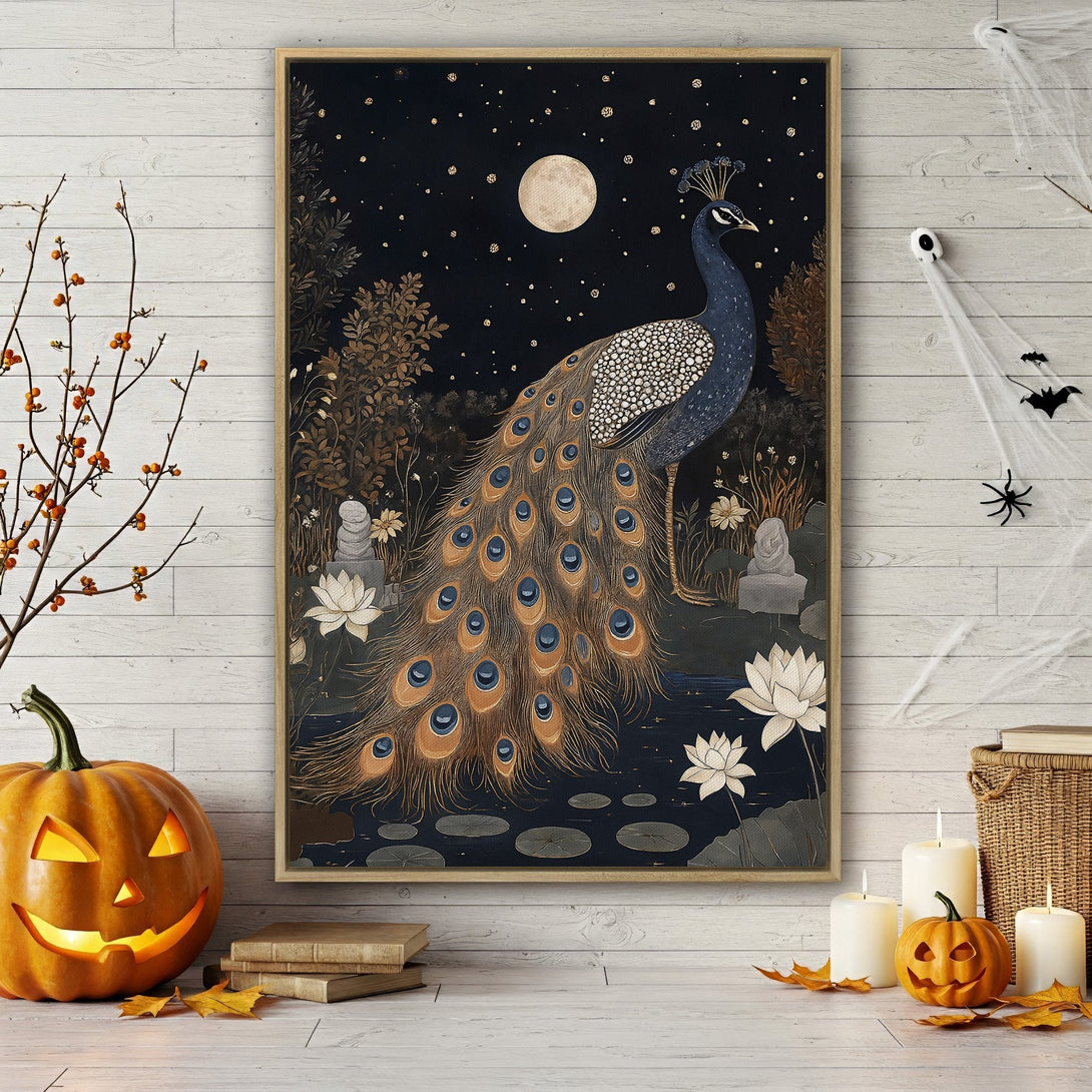 Framed Wall Art featuring a majestic peacock against a night sky. Elegant, vintage-style Canvas Print with a rich blue, gold, and black color palette.