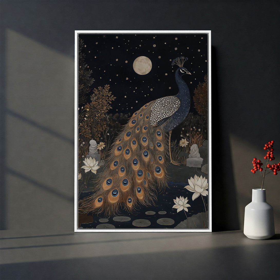 Framed Wall Art featuring a peacock in a serene night scene. Elegant, artistic style with a rich, dark blue and gold color palette. Add a touch of luxury!