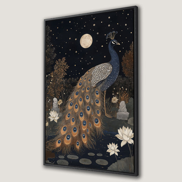 Framed Wall Art: Majestic peacock art print with a dark, elegant color palette. Features a stunning peacock, moon, and lotus flowers. Perfect for home decor.