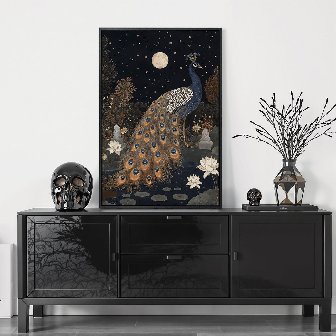 Framed Wall Art: Peacock painting in a dark, moody style with a gold and blue color palette. Perfect for adding an elegant touch to your home decor.