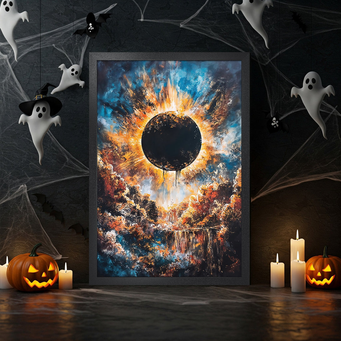Framed Poster featuring an abstract eclipse painting in orange, blue, and black. Perfect Halloween decor!