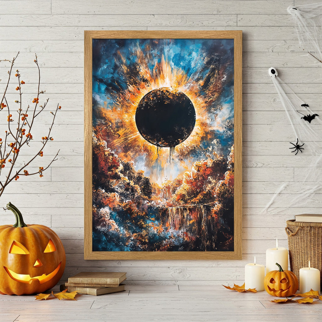 Framed Poster: Abstract eclipse art in blue, orange, and black. Perfect Halloween decor! Add this stunning poster to your home.