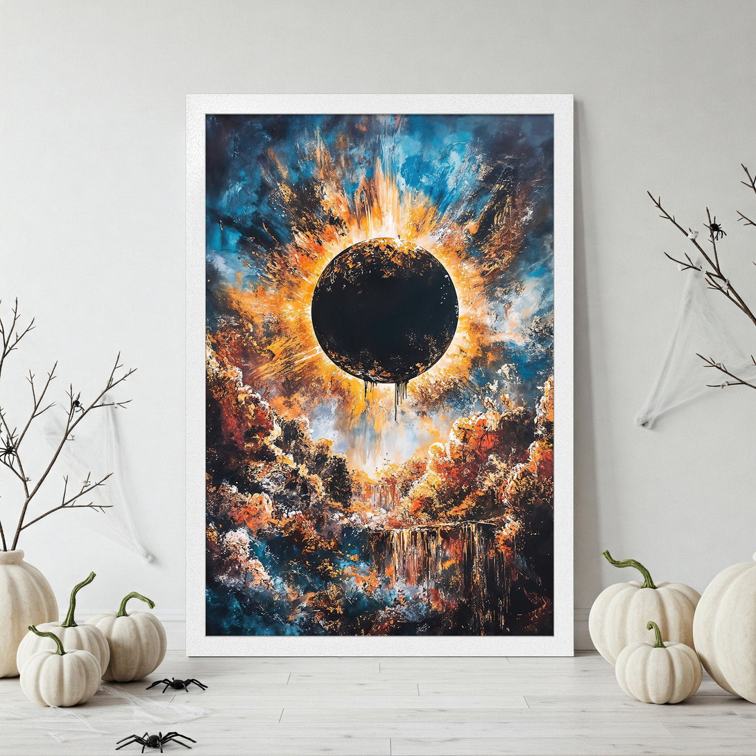Framed Poster featuring an abstract eclipse in vibrant orange and blue hues. Perfect art for Halloween decor.