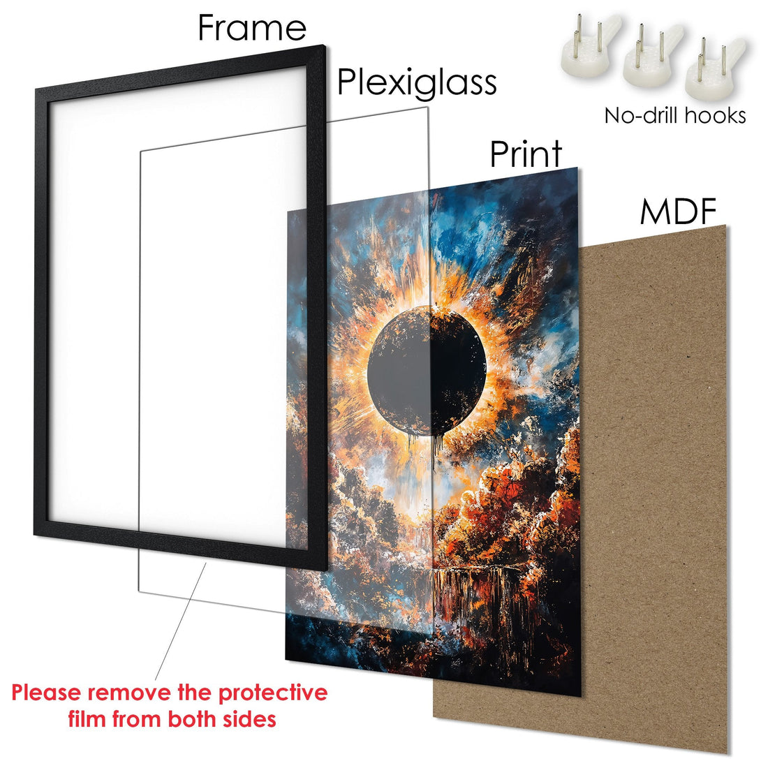Framed Poster: Abstract art print with a celestial theme in blue, orange, and black. Ready to hang wall art for your home.