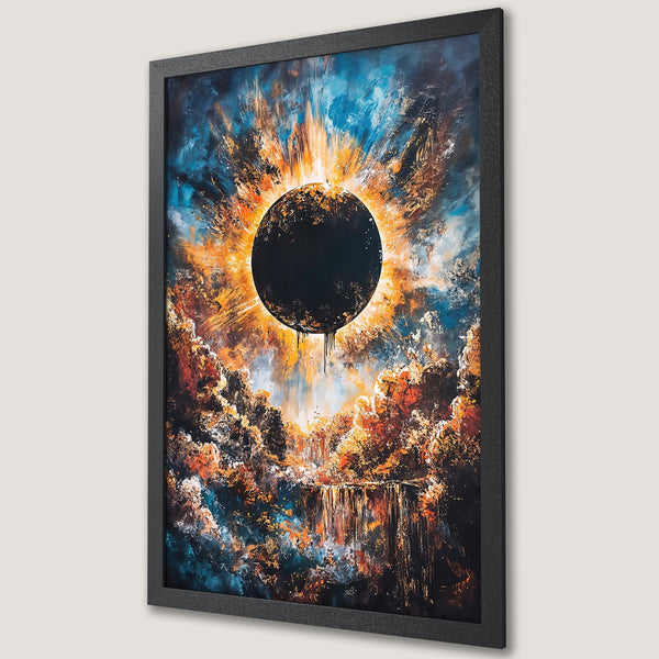 Framed Poster featuring an abstract celestial scene in vibrant orange, blue, and black. Perfect wall art for modern decor.