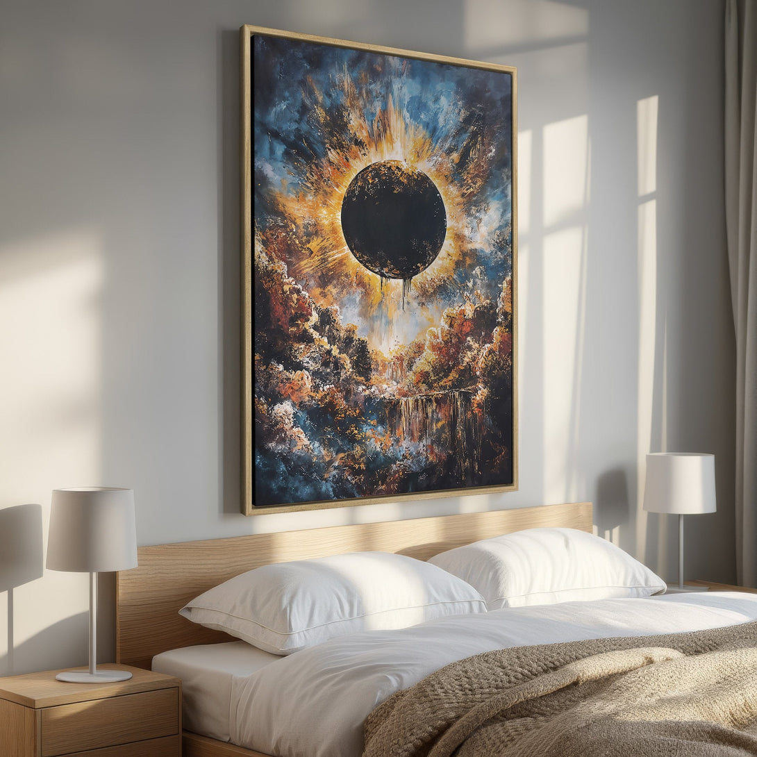 Framed Wall Art featuring an abstract eclipse painting in a bedroom. Dramatic art with a blue, orange, and black color palette. Elevate your space!