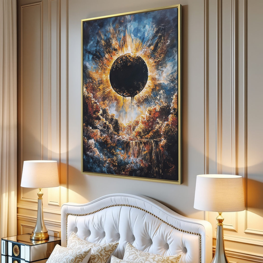 Canvas Print: Abstract celestial art in blue, gold, and brown tones. Modern wall art featuring a dramatic eclipse scene, perfect for home decor.