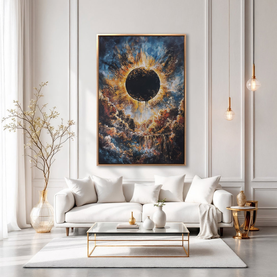 Framed Wall Art: Abstract eclipse painting in warm orange, blue, and black tones. Modern art canvas print adds a dramatic focal point to any living room.