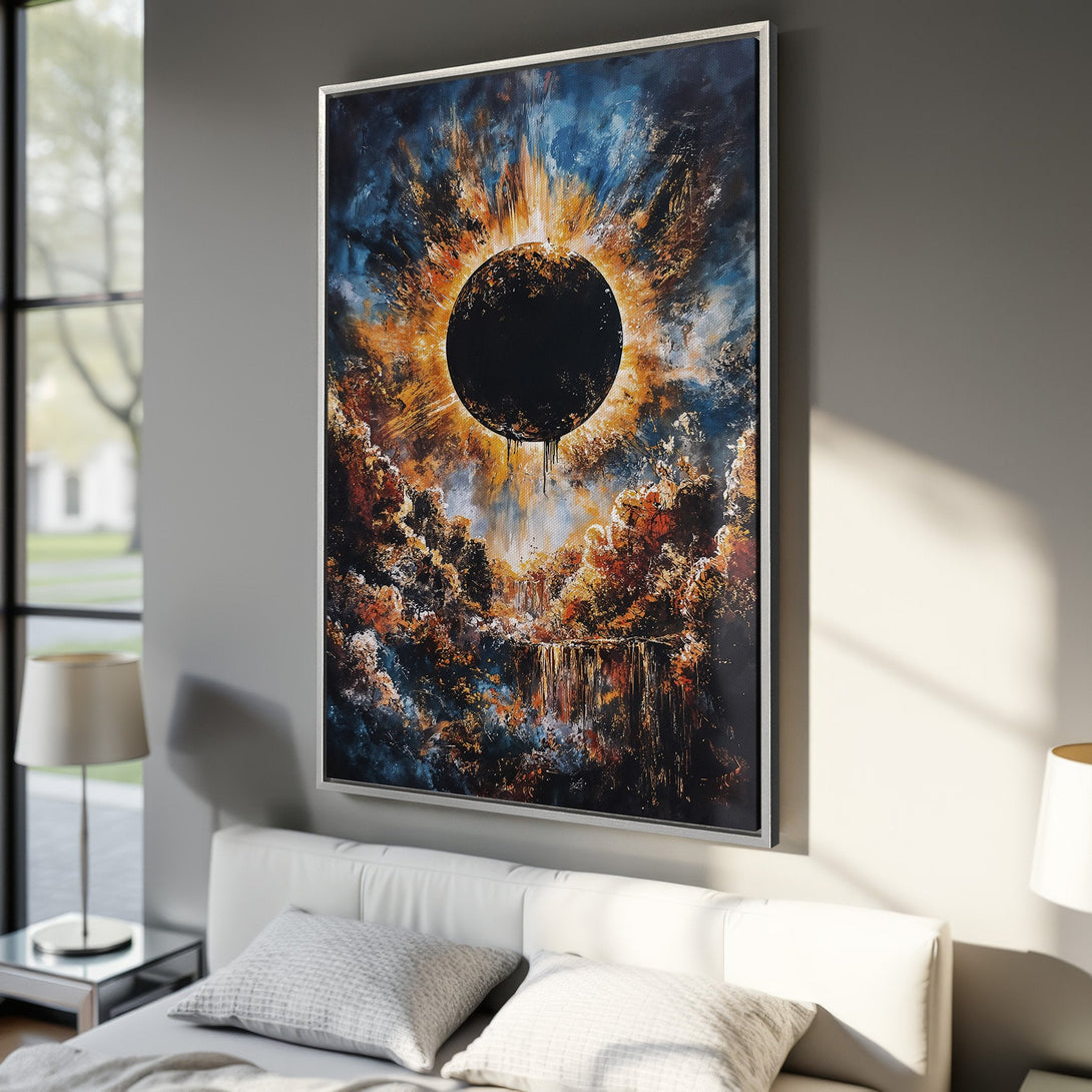 Framed Wall Art: Abstract eclipse painting in blue, orange, and black. Modern canvas print adds dramatic flair to bedroom decor.