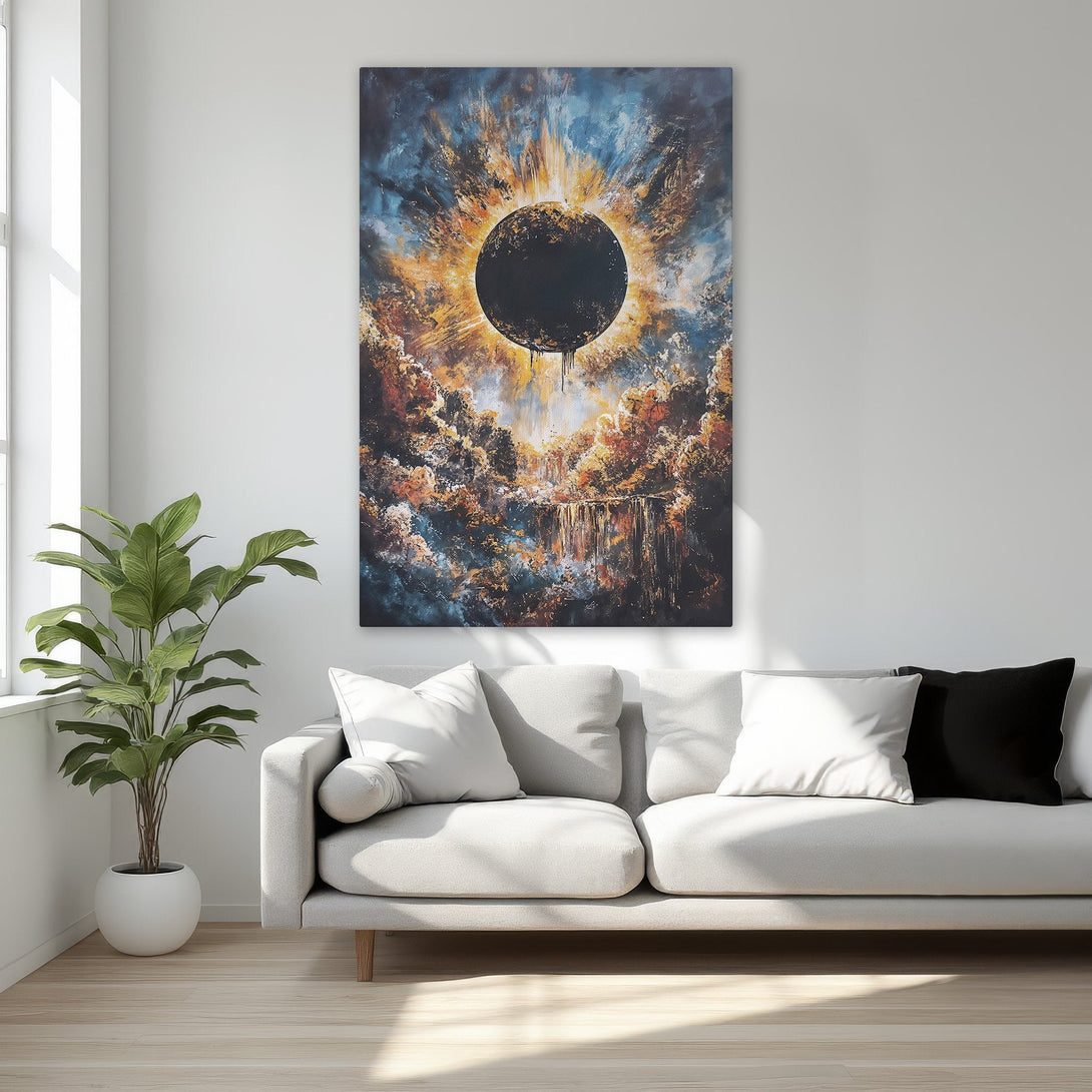 Framed Wall Art: Abstract solar eclipse painting with blue, orange, and black hues. Adds a touch of luxury to any bedroom decor. Shop now!