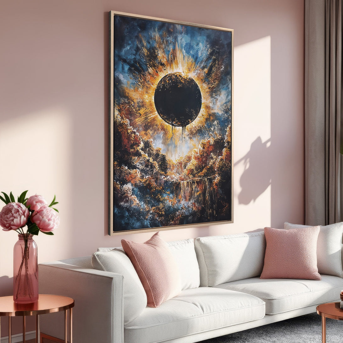 Framed Wall Art: Abstract eclipse painting in blue, orange, and black. Modern canvas print for living room decor. Adds artistic flair with a warm color palette.