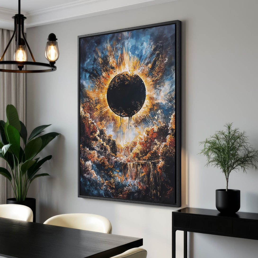 Framed Wall Art: Abstract eclipse painting in blue, orange, and black. Modern art canvas print for home decor. Add a dramatic touch to your space!