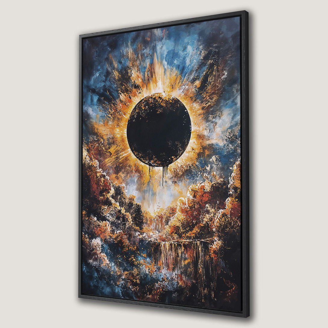 Framed Wall Art featuring an abstract eclipse painting in a dramatic style with a warm, fiery color palette of oranges, blues, and blacks.