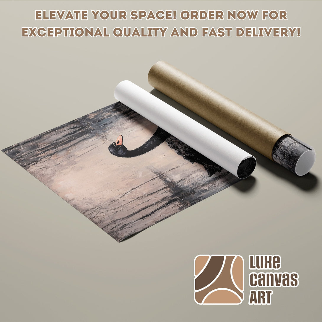 Black swan art poster roll, neutral color palette, perfect wall decor. Order yours today!