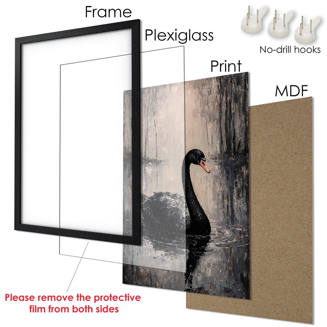 Framed Poster featuring a black swan in a serene landscape. Artistic style, neutral color palette. Perfect wall art for any space.