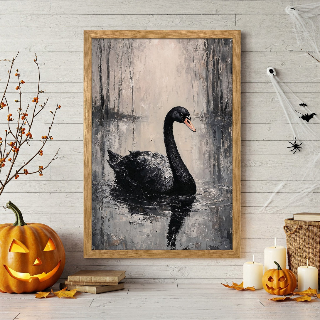 Framed Poster of a black swan in a moody, impressionistic style, with a grayscale and neutral color palette. Perfect wall art.