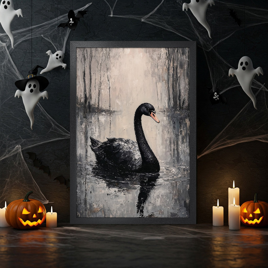 Framed Poster: Black swan painting in a dark, moody style with gray and black color palette, perfect for Halloween decor.