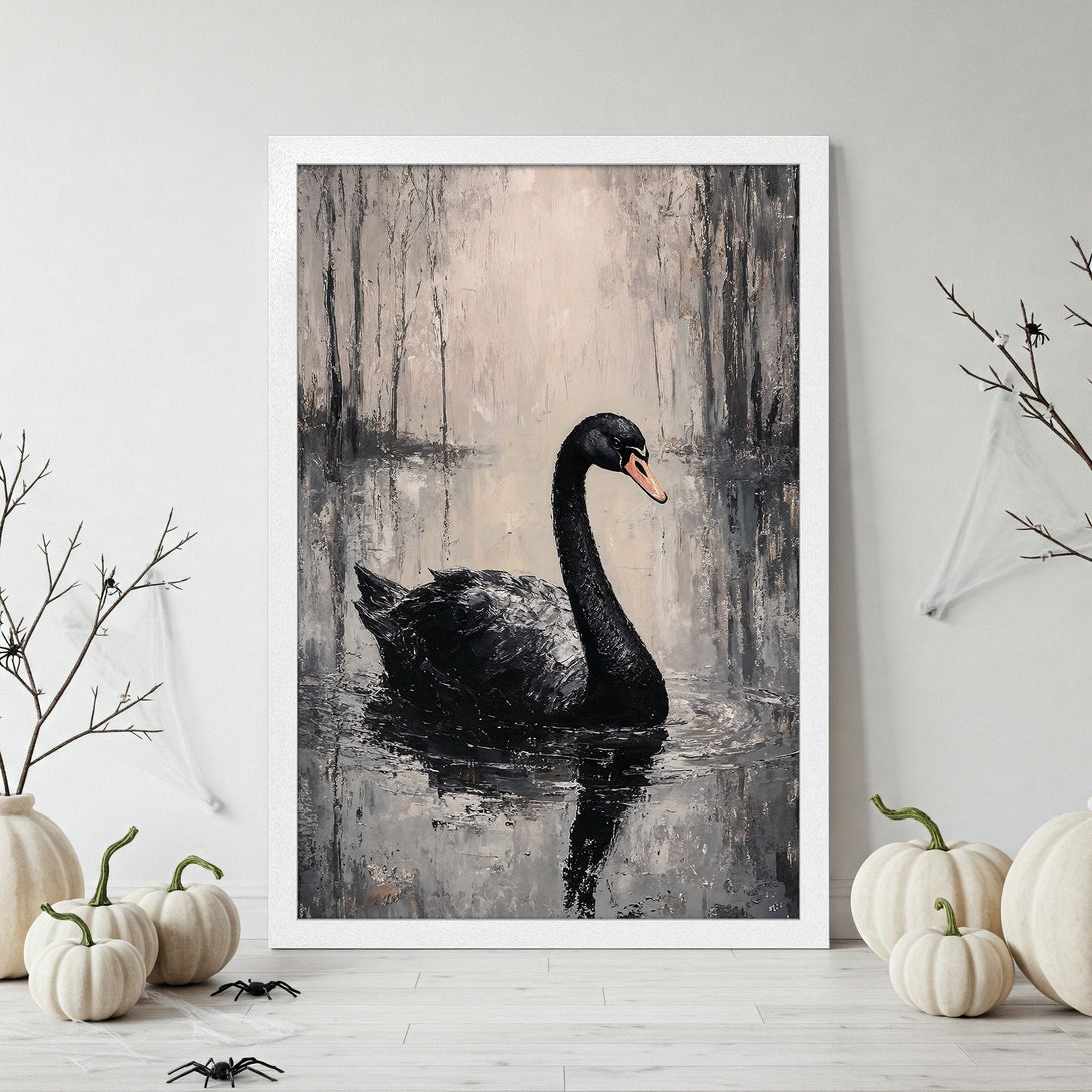 Framed Poster featuring a black swan painting in a moody, grayscale palette. Perfect for adding a touch of elegance.