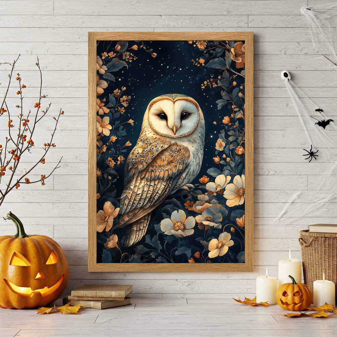 Framed Poster featuring a beautiful owl illustration in a floral, dark blue and gold color palette. Perfect Halloween decor!