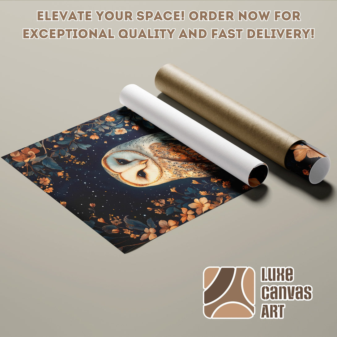 Poster Roll featuring a beautiful owl in a floral, dark blue and gold palette. Elevate your space with Luxe Canvas Art!