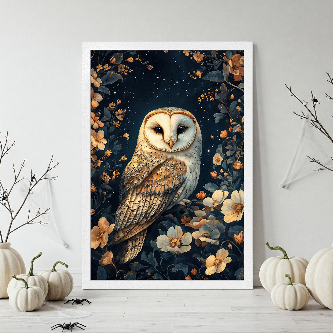Framed Poster featuring a majestic owl in a floral, vintage style with a dark blue and gold color palette. Perfect wall art!