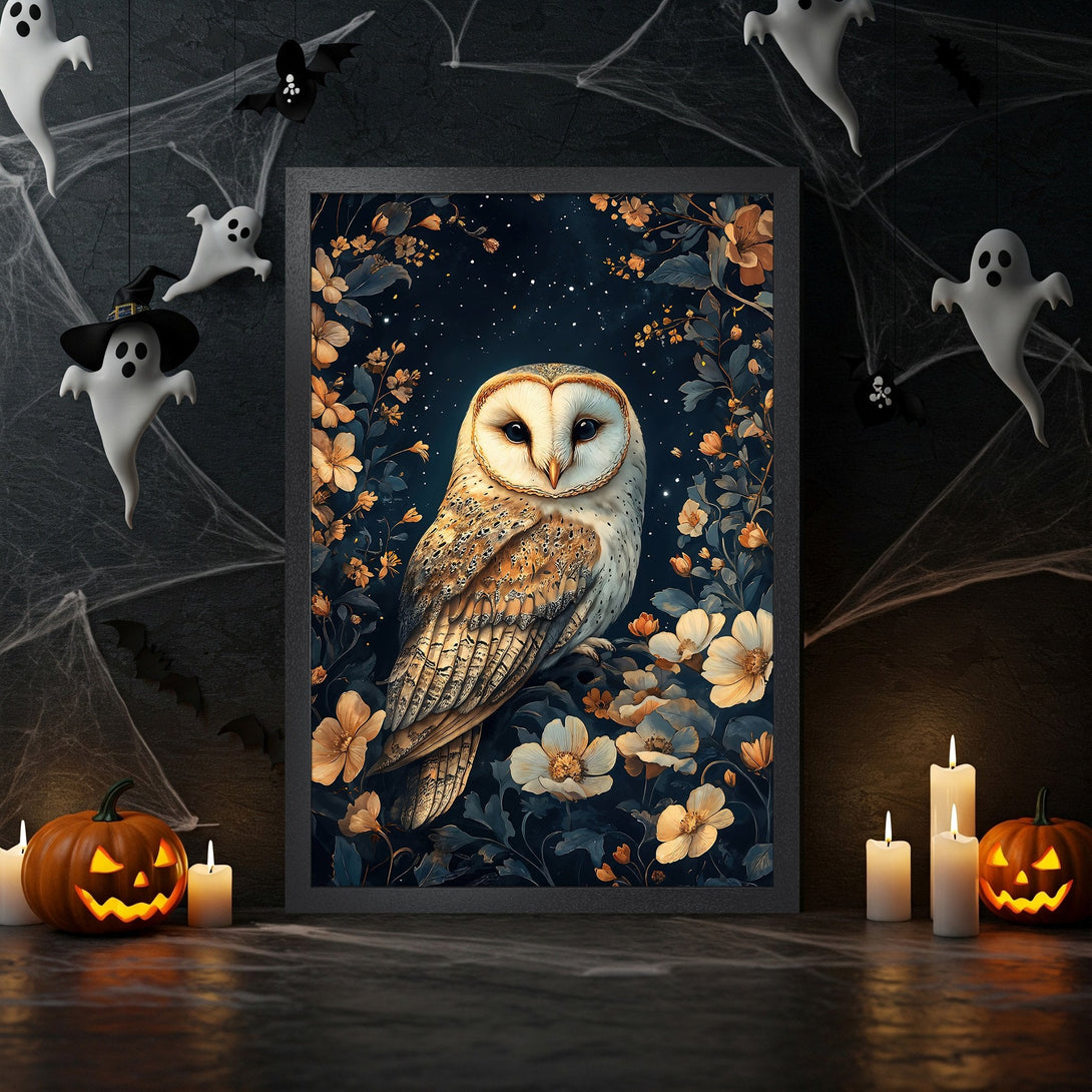 Framed Poster featuring a beautiful owl in a floral design, dark blue and gold color palette, perfect Halloween decor.