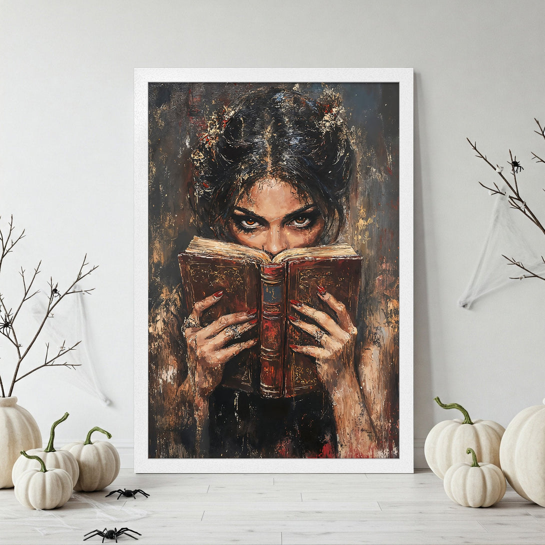 Framed Poster of a woman reading a book, artistic style, rich brown and gold color palette. Perfect Halloween decor.
