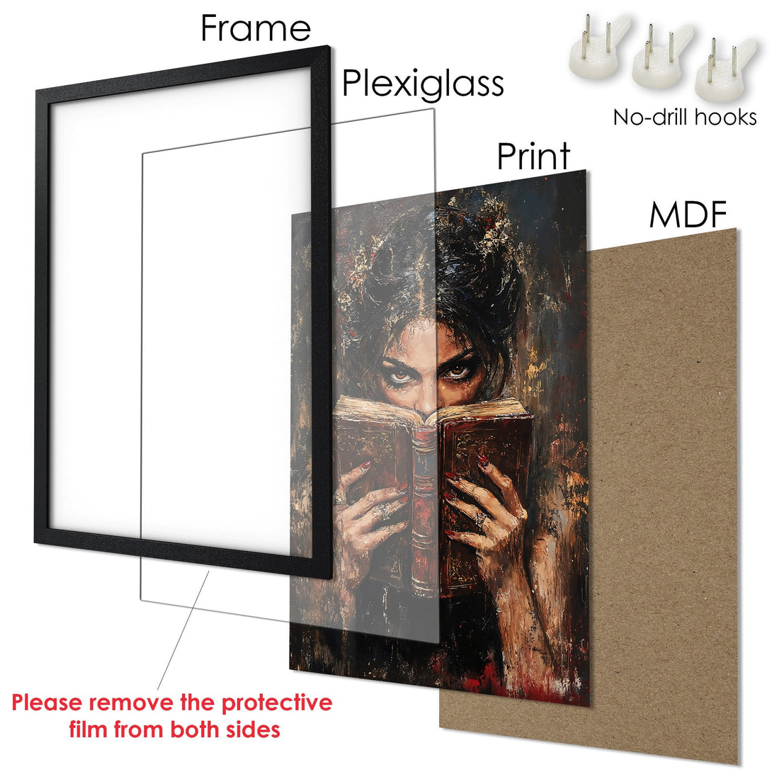Framed Poster of a woman reading, with a dark, dramatic style and a warm, earthy color palette. Ready to hang!