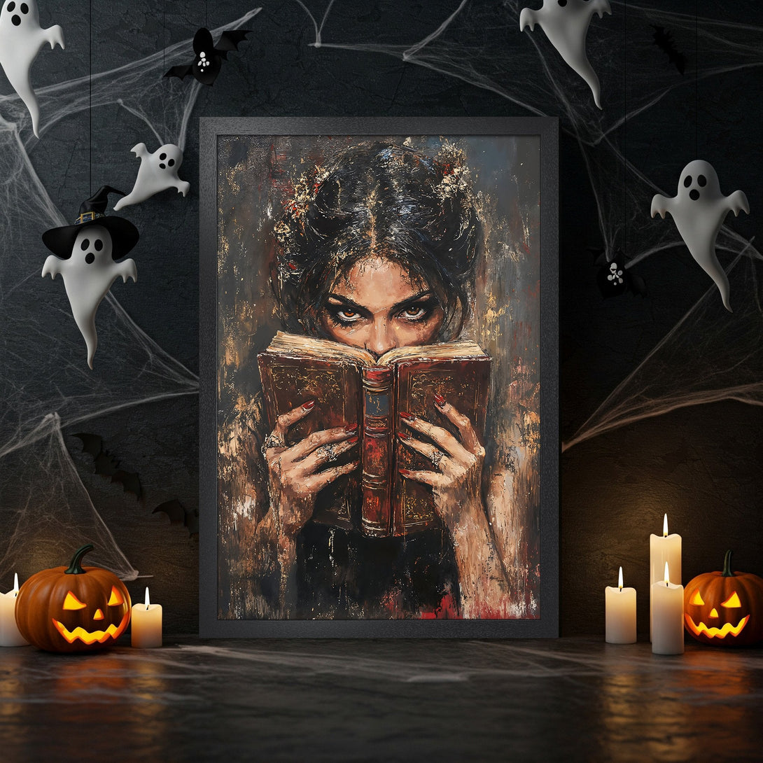 Framed Poster: Dark art portrait of a woman reading a book, with a spooky Halloween theme and a warm, earthy color palette.