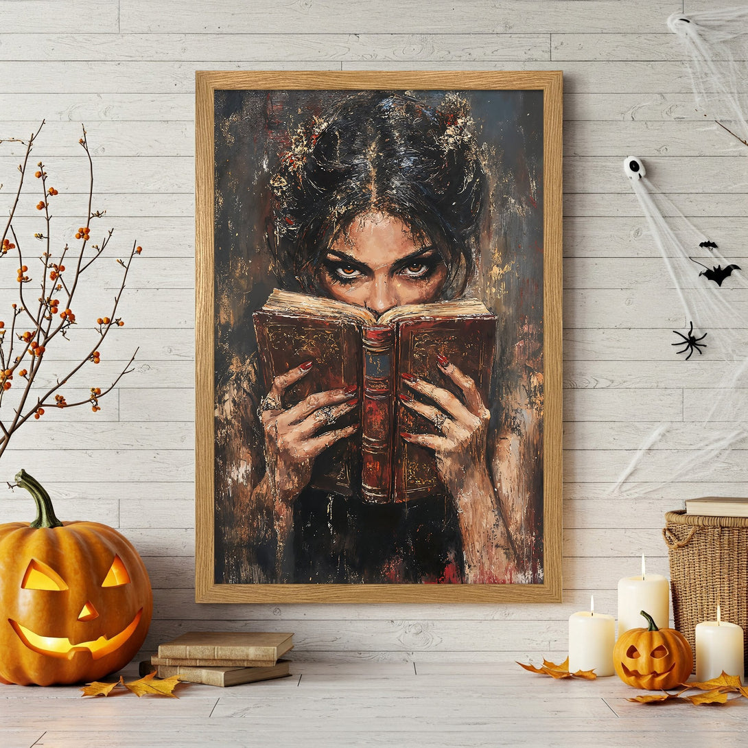 Framed Poster: Woman reading a book, oil painting style, warm brown & gold tones. Perfect Halloween decor!