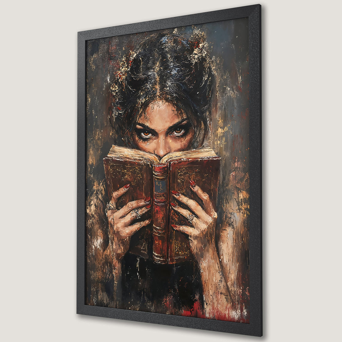 Framed Poster of a woman reading a book. Dark, dramatic art in a warm, earthy palette with red accents. Perfect wall art!