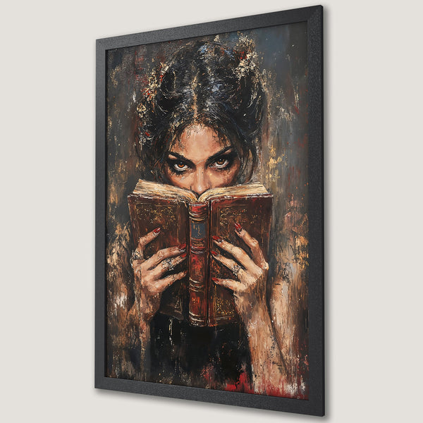 Framed Poster of a woman reading a book. Dark, dramatic art in a warm, earthy palette with red accents. Perfect wall art!