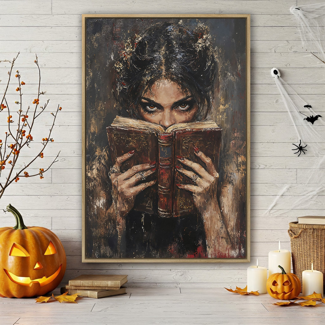 Framed Wall Art: Mysterious woman reading a book, dark and moody oil painting style, rich brown and black color palette. Perfect Halloween decor!