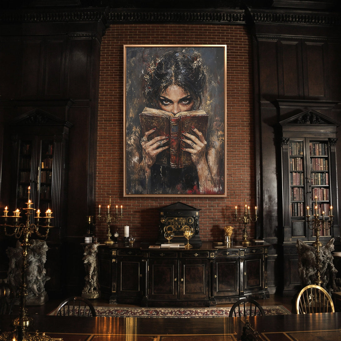 Framed Wall Art featuring a woman reading, in a dark, moody style with warm brown and gold tones, perfect for a library or study.