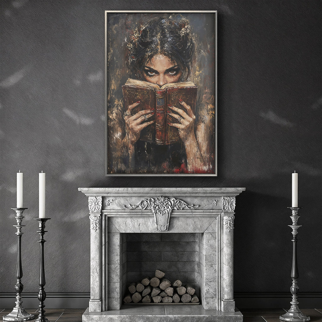 Framed Wall Art: Moody portrait of a woman reading, in a dark, dramatic style with a rich, warm color palette. Perfect for adding a touch of mystery!