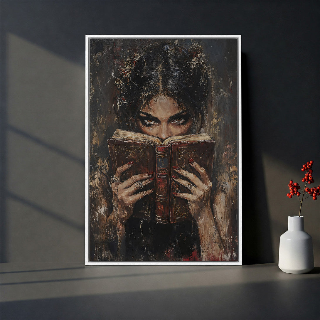 Framed Wall Art: Dramatic portrait of a woman reading, rich brown and red tones. Perfect for adding a touch of mystery to your home decor.