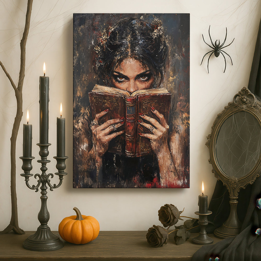 Framed Wall Art: Mysterious woman reading a book, dark & moody oil painting. Rich brown and gold tones create an elegant, gothic interior design statement.