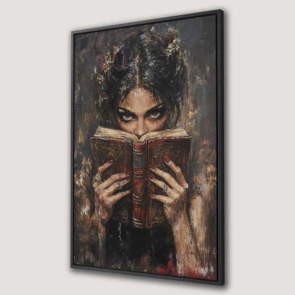 Framed Wall Art: Mysterious woman reading a book. Dark, moody oil painting style with a brown and gold color palette. Perfect for adding a touch of intrigue.