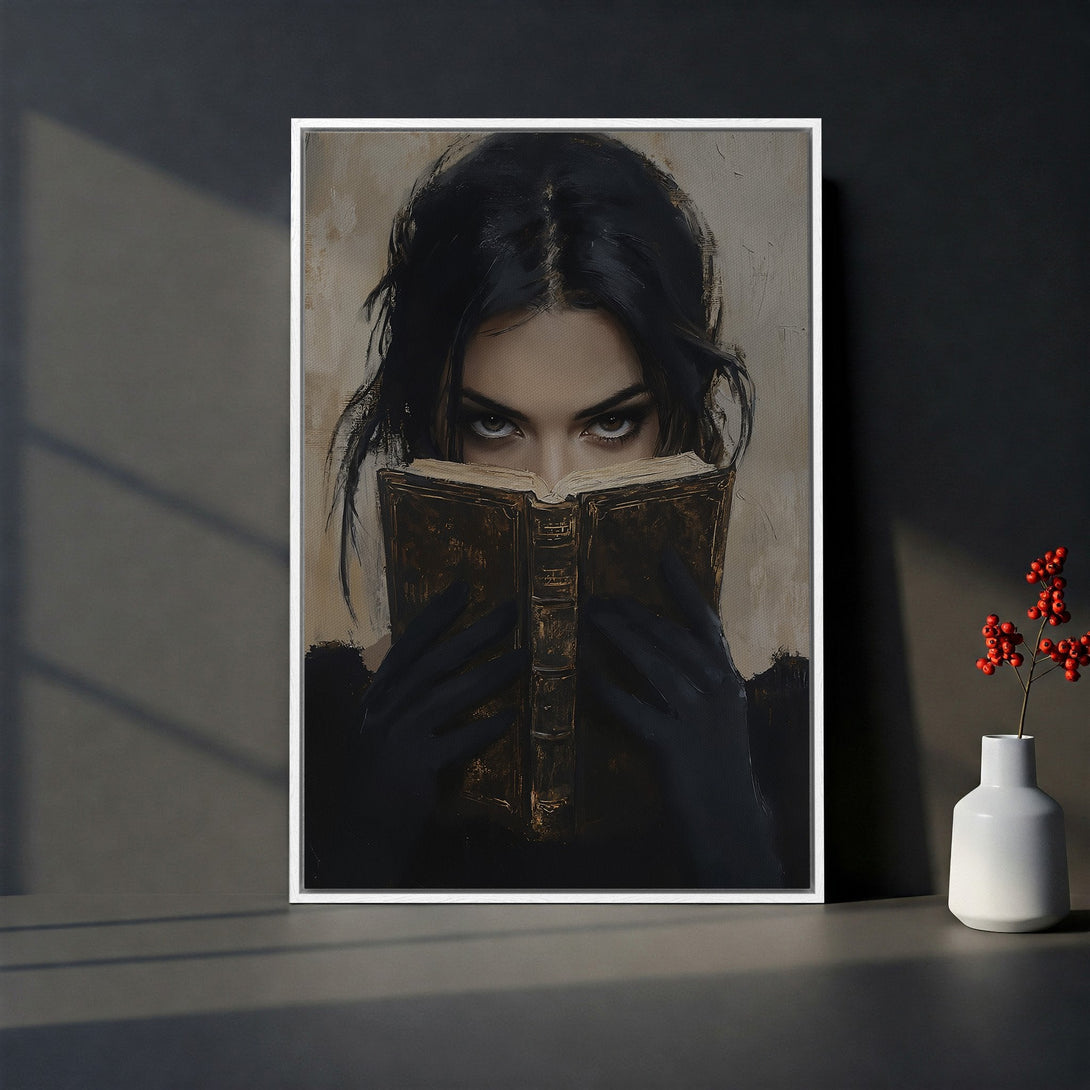 Framed Wall Art of a woman reading, dark and mysterious style. Neutral and black color palette. Perfect for adding a touch of intrigue to your space.