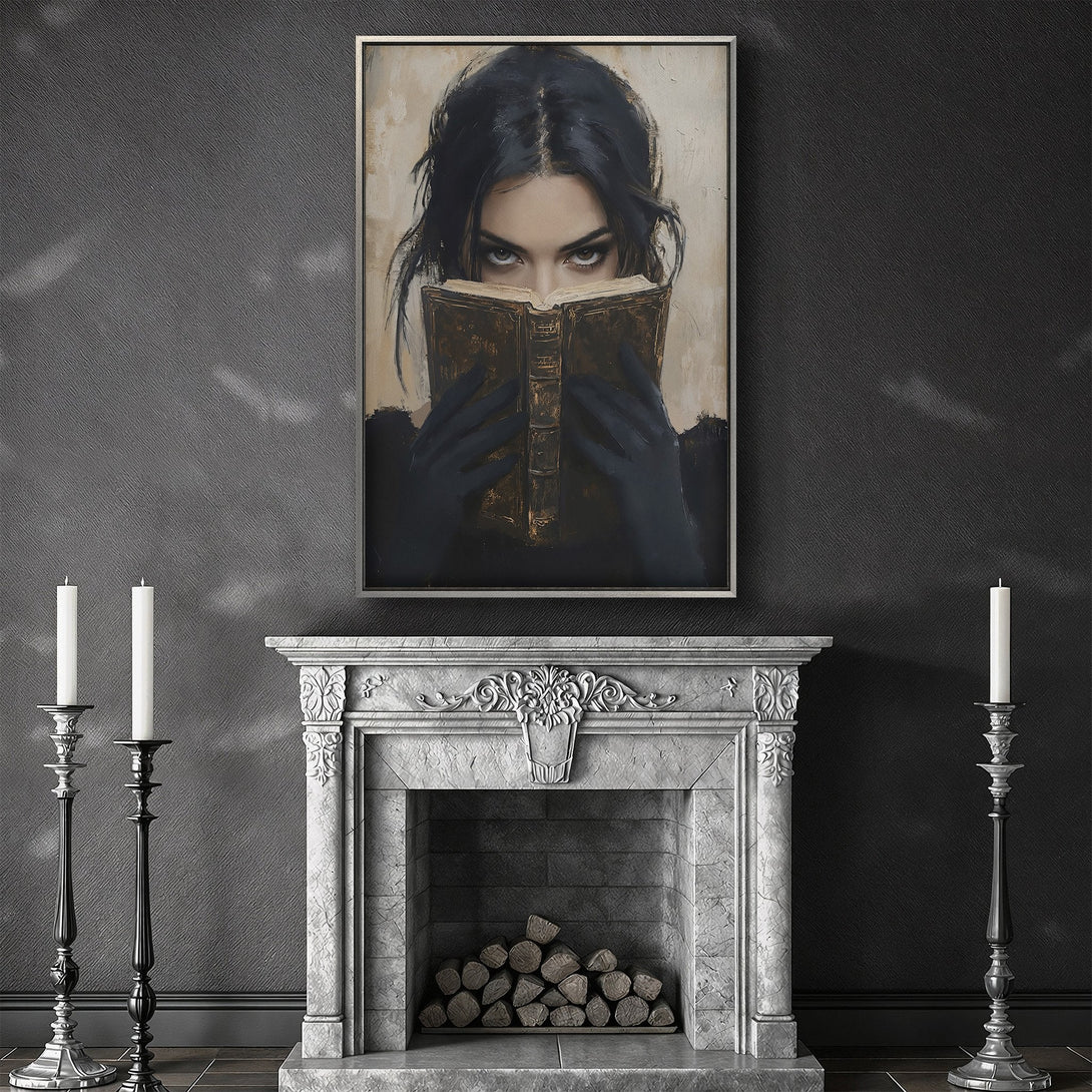 Framed Wall Art: Mysterious woman reading, dark and moody aesthetic. Black, gold, and neutral color palette. Perfect for adding a touch of intrigue to any space.