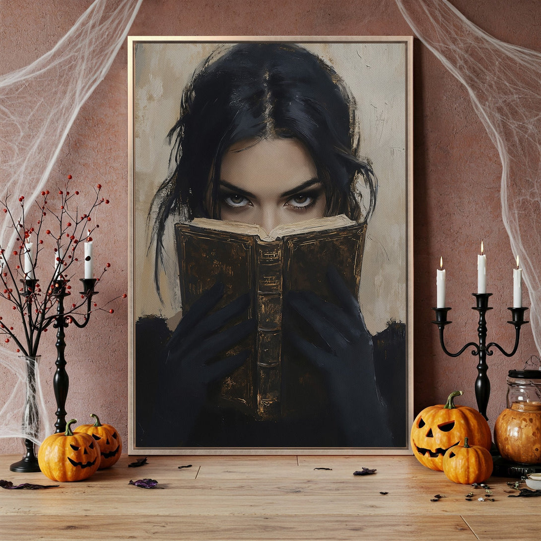 Framed Wall Art: Mysterious woman portrait Canvas Print, moody Halloween decor. Black, gold, and neutral tones for a captivating, gothic aesthetic.