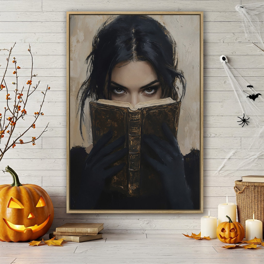 Framed Wall Art: Mysterious woman reading, dark and moody artwork in a neutral palette. Perfect Halloween decor! Shop this canvas print for a spooky touch.